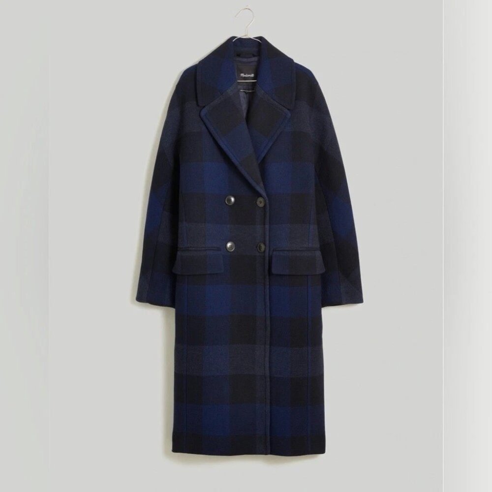 NWT Madewell Gianna Coat Blue Plaid Insulux Italian Wool Size 8 Long Topcoat